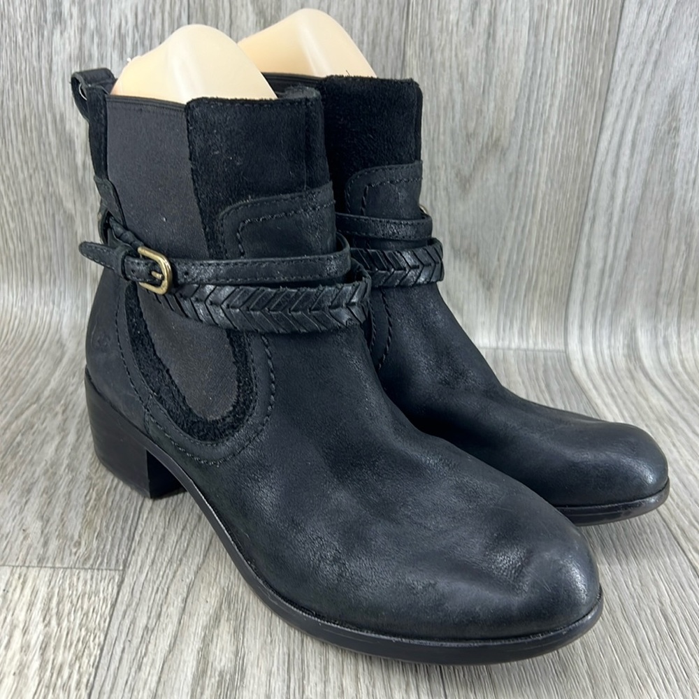 UGG Krewe Black Leather Buckle Strap Pull On Chelsea Ankle Moto Boot